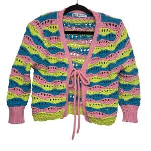 ZARA Multicolor Crochet Knit Tie Front Cardigan Sweater‎ XS Festival Boho